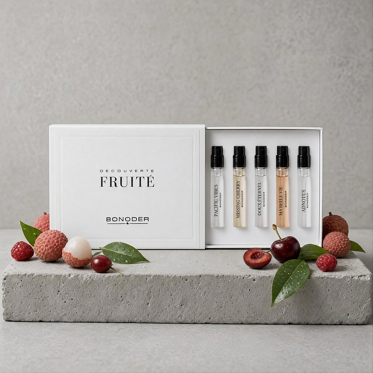 Pack Découverte FRUITÉ — flacon Bonoder sur fond clair